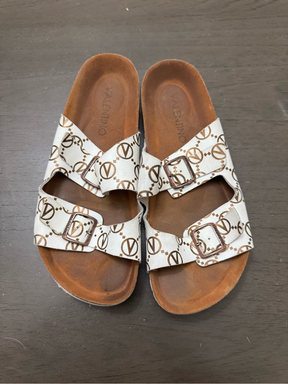 Valentino White Logo Print Kids Double-Buckle Slide Sandals size9  9.5